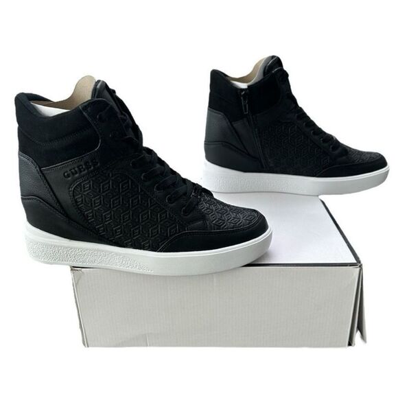 Guess Blairin 4 Rhinestone Logo Print Wedge Black Hi Top Sneakers 9.5 M Black - Picture 2 of 10